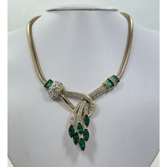 Coro Jewelry - Vintage Signed Coro Emerald Rhinestone Spray Necklace Choker Mid Century Jewelry